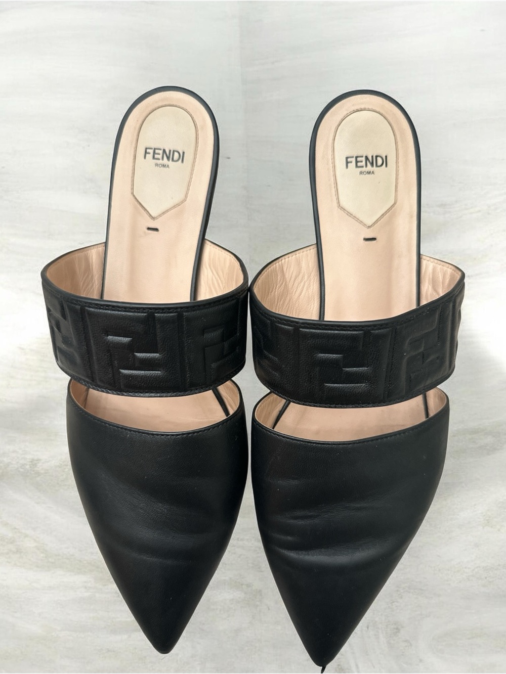 Fendi Black Leather Pointed Slide Mules with Embossed FF Strap